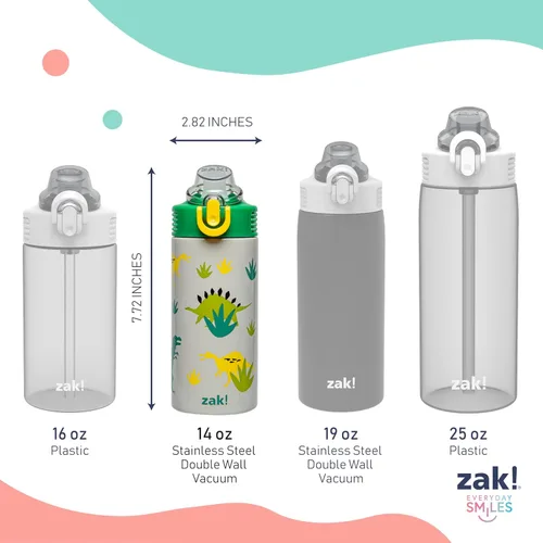 Miniatura 10 de Zak Designs Sage Kids - Botella de agua para la escuela, viajes o en casa, botella de agua de acero inoxidable de 14 onzas con pajilla, asa y tapa