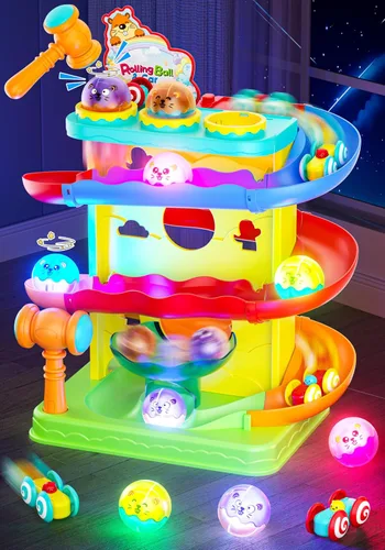 Funwee 2 en 1 Juego de Bola Rodante y Rampa de Coches de Carreras para Niños Pequeños, Pista de Carreras con Martillo, Luces y Bolas que Caen, Juego