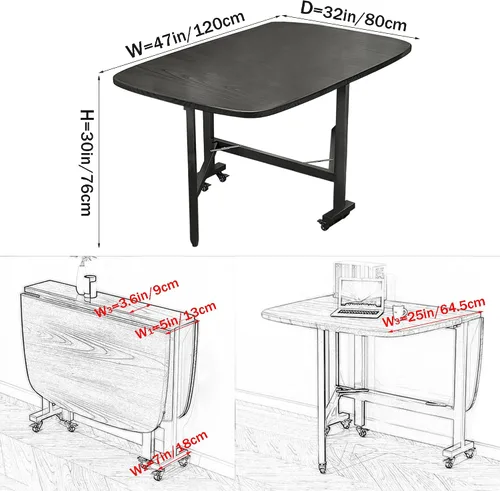 Miniatura 3 de Mesa Multifuncional de Hoja Abatible - Mesa de Comedor Plegable de 47" de Madera con 6 Ruedas (Negro)
