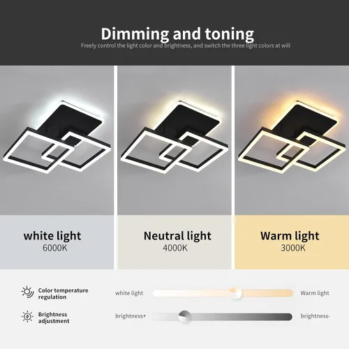 Miniatura 5 de Garwarm Lámpara de Techo LED Moderna, Regulable de 3 Cabezales Cuadrados Accesorio de Lámpara de Techo con Control Remoto, Candelabro de Techo Negro