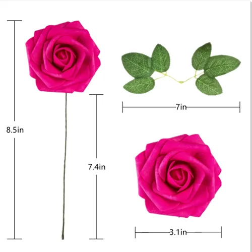 Miniatura 2 de 50 rosas artificiales de espuma de color rosa intenso, rosas falsas de aspecto real con tallos y hojas para decoración del hogar, fiestas, jardín