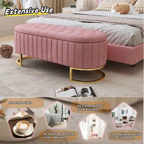 Miniatura 4 de Polibi Elegante otomana tapizada de terciopelo con botones, banco de almacenamiento con patas de metal para dormitorio, sala de estar, entrada