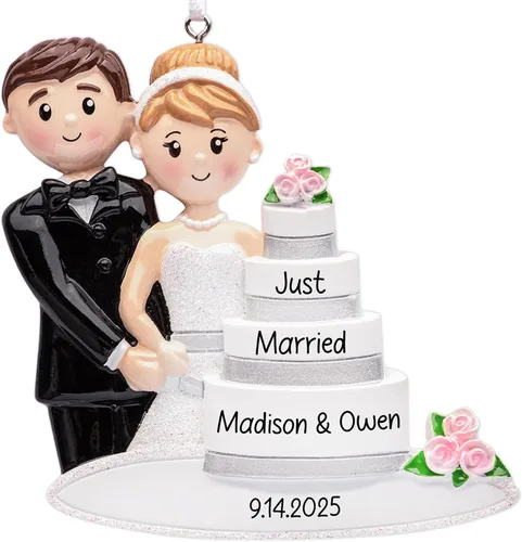 Miniatura 14 de Adorno personalizado de nuestro primer matrimonio de Navidad 2026 Pareja recién casada en auto de boda vintage para árbol de Navidad Regalo