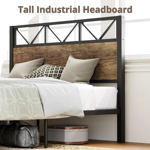 Miniatura 4 de LIKIMIO - Base de cama Queen, cabecero industrial alto de 51.2", con soporte metálico resistente, estructura de cama sólida y estable, libre