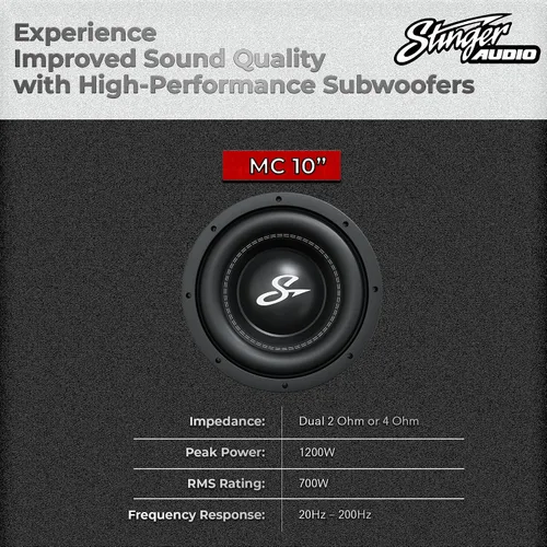 Miniatura 5 de Stinger Audio Single 10" 1200W ranura cargada ranura portada subwoofer gabinete de audio para coche 1 ohmio, subcaja ventilada premium para añadir