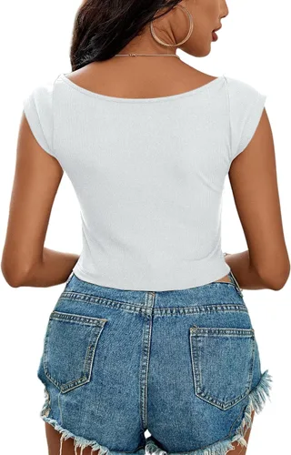Miniatura 2 de LYANER Camiseta corta de punto acanalado con cuello cuadrado para mujer, sin mangas, ajustada, color liso