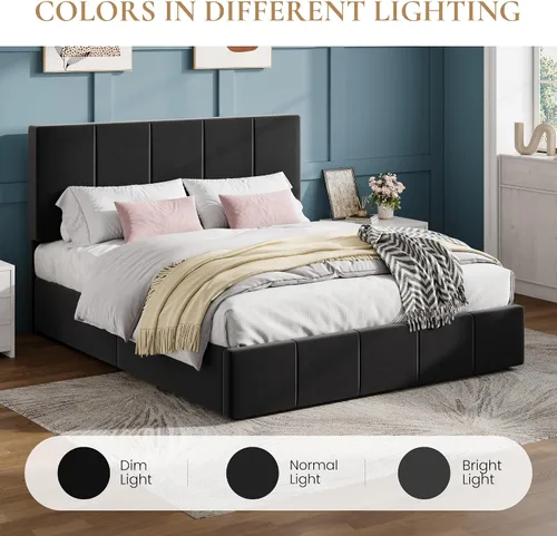 Miniatura 8 de SHA CERLIN Marco de cama tamaño queen, cama de plataforma tapizada en terciopelo holandés, cabecera ajustable con canales verticales acolchados