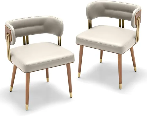 Miniatura 37 de ARTPLAN Silla de comedor de cuero de nogal, moderna silla de cocina tapizada con cojín de espuma de alta resistencia, marco dorado de acero Cereza