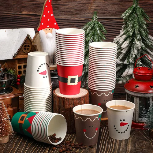 Miniatura 2 de Funtery 100 piezas de vasos de papel de Navidad, vasos de café desechables de Navidad con copos de nieve, muñeco de nieve, alce, luces, 9 onzas