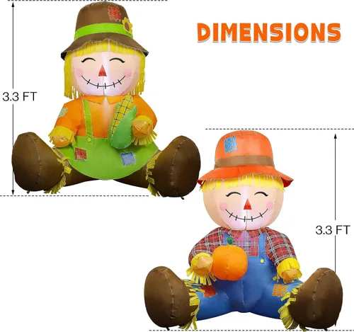 Miniatura 2 de Lulu Home Decoración inflable de otoño de 3.3 pies, juego de 2 espantapájaros soplados con aire para parejas con luces LED integradas para cosecha