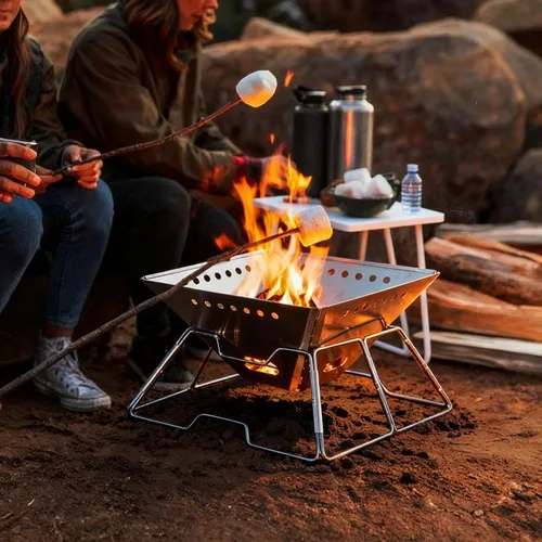 Miniatura 9 de Fogata portátil con parrilla para campamento, hoguera plegable de alta resistencia con parrilla de fogata y bolsa de transporte para exteriores