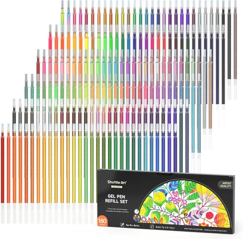 Shuttle Art Recambios para bolígrafos de gel, 180 colores (sin duplicados), 7 tipos de colores para niños y adultos, libros de colorear, dibujo,