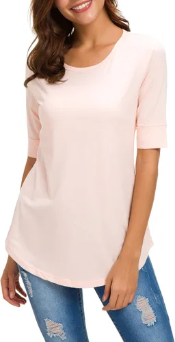 Miniatura 6 de Camisetas de algodón para mujer, estilo casual, cuello redondo, longitud al codo