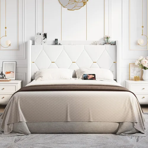 Miniatura 3 de Allewie Base de cama tapizada Velvet Queen con cabecera de almacenamiento con respaldo alado y estación de carga, cama de plataforma con diseño