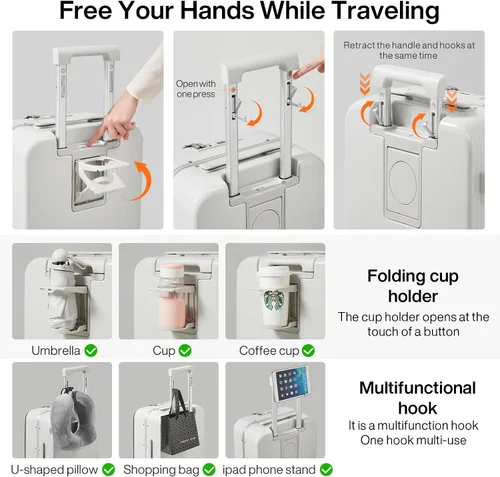 Miniatura 4 de mixi Equipaje PC Hardside Rolling Maleta con rueda giratoria TSA Lock con soporte para teléfono taza, Blanco ahumado.