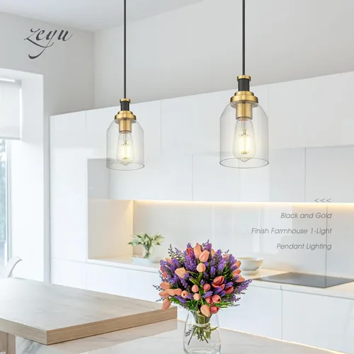 Miniatura 3 de Zeyu Lámpara Colgante Moderna de Oro, Lámpara Colgante de Vidrio de 1 Luz para Cocina y Comedor, Soporte de Vidrio Transparente, Acabado en Negro