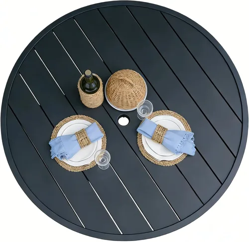 Miniatura 5 de 60" Round Outdoor Patio Table for 8, Metal Black Dining Table with Adjustable Umbrella Hole, Garden, Backyard & Deck Bistro Table