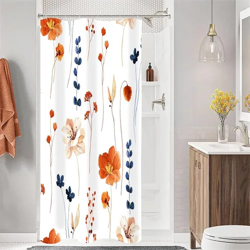 Miniatura 55 de Gibelle Cortina de ducha con estampado floral de acuarela, cortina de ducha retro naranja azul marino para baño, juego de cortina de ducha moderna
