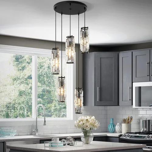 Miniatura 3 de LMQNINE - Lámpara colgante, lámparas colgantes modernas negras, mini candelabros de cristal, lámpara colgante ajustable de 5 luces para cocina, Negro