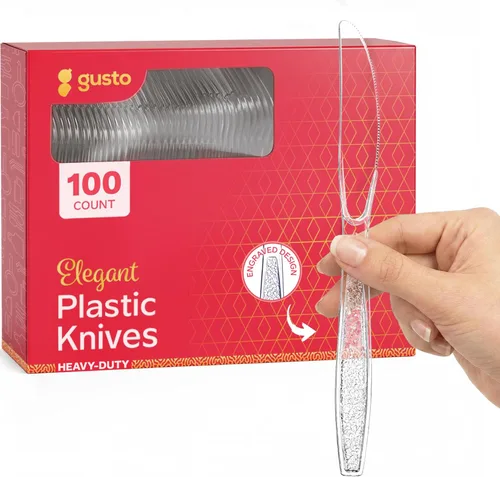 Miniatura 10 de GUSTO [Paquete de 100] Tenedores de plástico transparente pesado con diseño grabado, utensilios de plástico resistentes desechables para fiestas