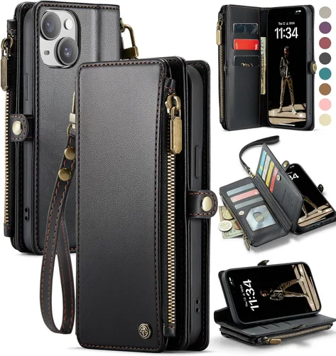 Miniatura 13 de Defencase Compatible con iPhone 15 Plus Funda Cartera con Tarjetero de Bloqueo RFID para Mujeres y Hombres, Cuero PU Cierre Magnético Plegable Rojo