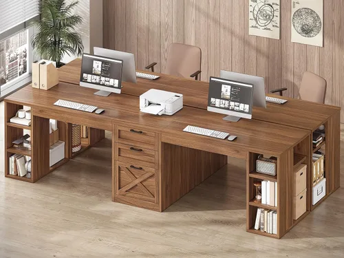 Miniatura 3 de SEDETA Escritorio de computadora de estilo granja de 96.5 pulgadas con cajones, escritorio para oficina en casa para 2 personas, escritorio doble