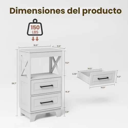 Miniatura 3 de Juego de 2 mesitas de noche altas, mesa auxiliar con 2 cajones, mesita de noche moderna, mesa auxiliar de madera, mesa estrecha de cabecera