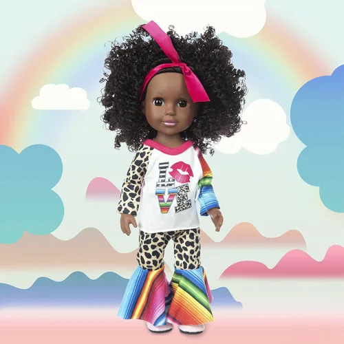 Miniatura 9 de XFEYUE Muñeca negra de 14.5 pulgadas y 2 juegos de accesorios de ropa, muñeca afroamericana para bebé, incluye gafas, cámara, bolsa y zapatos
