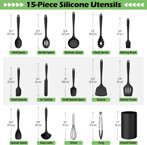Miniatura 2 de Homikit - Juego de utensilios de cocina y cacerola de silicona, 15 utensilios de cocina con soporte para utensilios de cocina antiadherentes