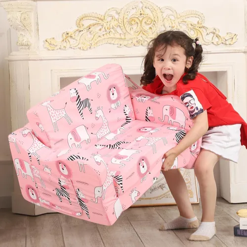 Miniatura 5 de MOMCAYWEX Sofá para niños, sofá de espuma abatible 2 en 1, silla plegable suave para jugar, color rosa