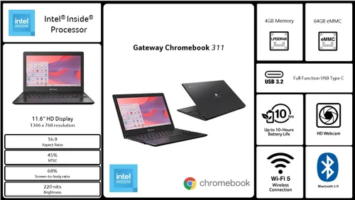 Miniatura 9 de acer Gateway Chromebook 311 CBO311-1H-C1MX Laptop Intel Celeron N4500 Pantalla HD de 11.6 pulgadas (1366 x 768) 4GB LPDDR4X 64GB eMMC
