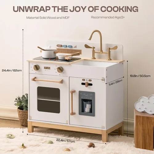 Miniatura 4 de ROBOTIME Juego de cocina para niños pequeños, juego de cocina de madera para niños con luces reales y sonidos/dispensador de cubitos de hielo, Blanco