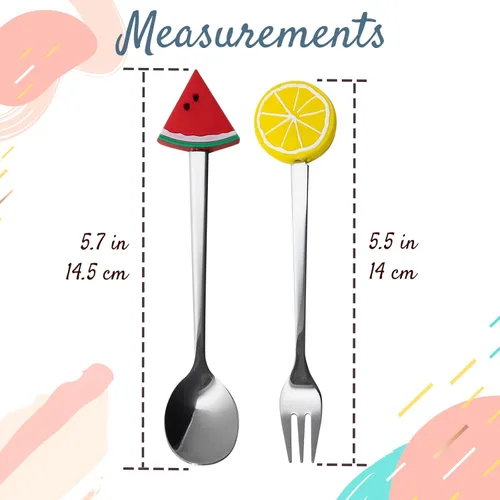 Miniatura 4 de Cucharas y tenedores pequeños de acero inoxidable y silicona, juego de 6 piezas, formas de frutas para frutas, queso, aperitivos Fruitilicious