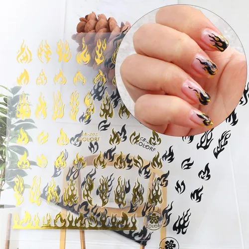 Miniatura 3 de 10 hojas de calcomanías de arte de uñas, calcomanías de arte de uñas doradas y negras, diseño de llama, calcomanías de uñas autoadhesivas 3D