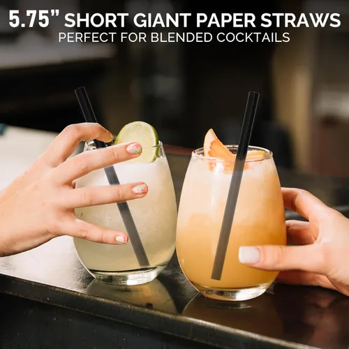 Miniatura 3 de Pajitas de papel negro cortas de 5.75 pulgadas de ancho y 0.315 in de ancho, desechables para vasos de bajo bola, cócteles mezclados, margaritas