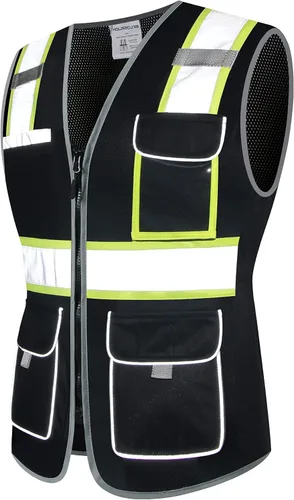 Miniatura 5 de Chaleco de seguridad para mujeres, chaleco de trabajo reflectante de alta visibilidad con 9 bolsillos múltiples y cremallera Negro