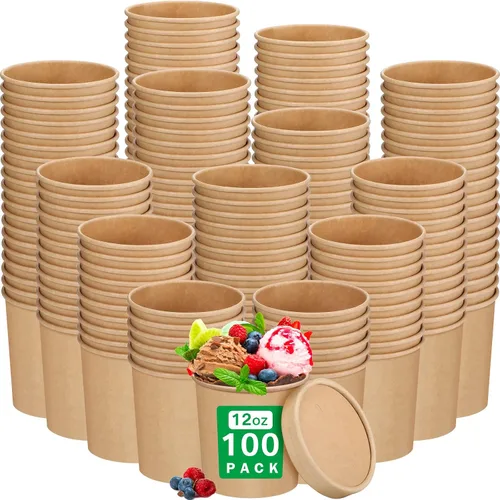 Miniatura 8 de Irenare 100 vasos de papel para helado de 12 onzas con tapas, cuencos desechables para postres, recipientes de sopa caliente, recipientes de papel