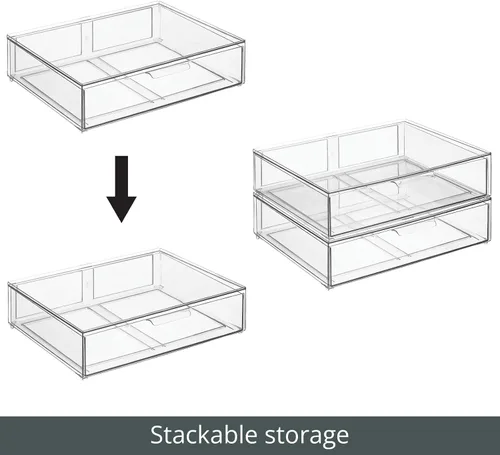 Miniatura 5 de mDesign Contenedor organizador de almacenamiento de baño apilable de plástico ancho con cajón extraíble para gabinete, tocador, estante, armario