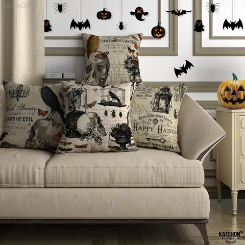 Miniatura 6 de KatchOn, Fundas de almohada vintage de Halloween de 18 x 18 pulgadas, paquete de 4 fundas de almohada de calavera Fundas de cojín de calabaza