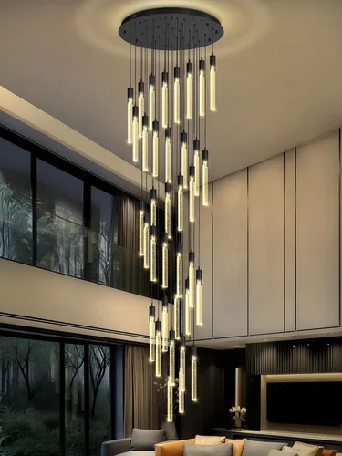 Miniatura 33 de Flashing God Candelabro LED moderno, 10 luces negras regulables, lámpara colgante con control remoto de techo alto para escalera, sala de estar