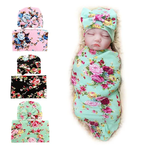 Miniatura 27 de DRESHOW BQUBO Manta de Recepción para Recién Nacido con Conjunto de Gorro con Lazo Estampado de Flores Manta Envolvente para Bebé con Gorro 1 juego