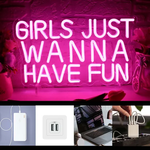 Miniatura 3 de Letrero de neón "Las chicas solo quieren divertirse" para decoración de pared, letreros de neón LED rosa estilo retro, letrero de neón para chicas