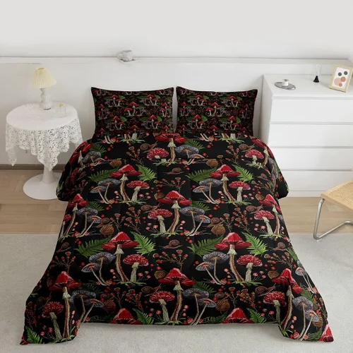 Feelyou Lindo juego de edredón decorativo de hongos para niños, edredón de hongos de dibujos animados para niños y adolescentes, juego de ropa de