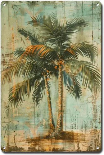Letrero de metal de hojalata vintage, arte de pared rústico y elegante con palmera areca para interiores vintage y rústicos, decoración shabby chic