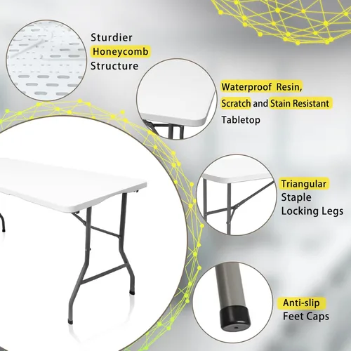 Miniatura 6 de Mesa plegable de plástico, mesa plegable de 5 pies, mesas portátiles de plástico para cenas, fiestas, tarjetas, picnic, campamento, granito blanco