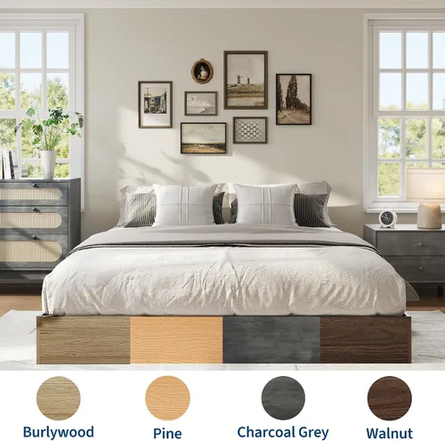 Miniatura 7 de GarveeHome - Marco de cama de plataforma de madera tamaño matrimonial, marco de cama de madera sin cabecero, soporte de listones de madera,