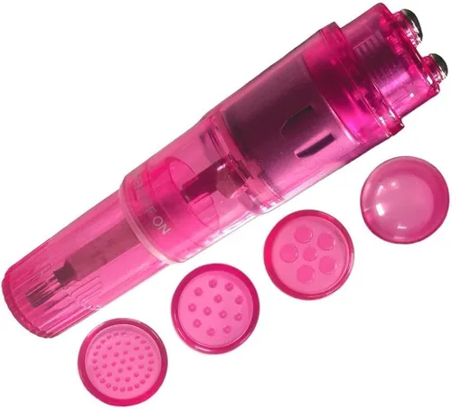 Miniatura 4 de Pequeño masajeador mini portátil en forma de bolígrafo para cuerpo, cara, cuello, cabeza, espalda con 4 cabezales (rosa y morado)