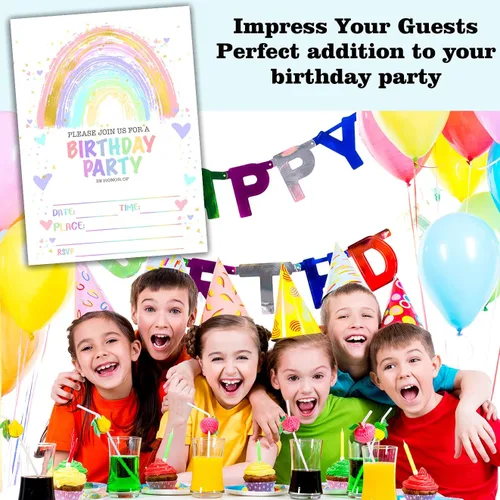 Miniatura 6 de Tarjetas de invitación para fiesta de cumpleaños, invitación de fiesta de cumpleaños arcoíris, celebración de fiesta de niños, 20 tarjetas con 20