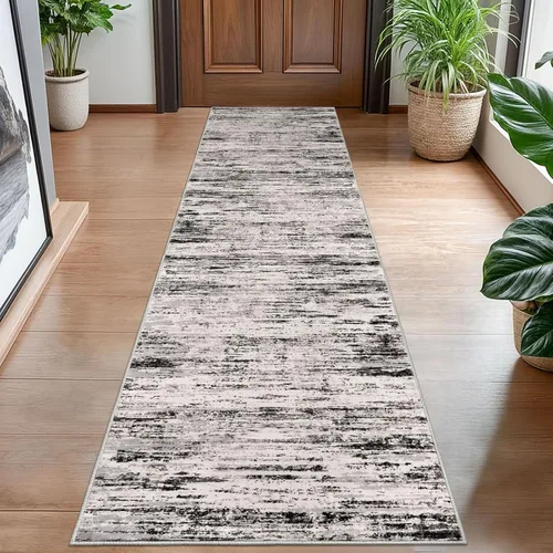 Miniatura 102 de Lansny Alfombra moderna abstracta de 2 x 5 pies, color negro, gris, blanco, lavable, alfombra de entrada para cocina, alfombra antideslizante suave