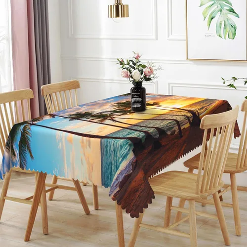 Miniatura 14 de Mantel oblongo, diseño de playa de 52 x 70 pulgadas, diseño de playa con estrellas de mar y olas de mar, con decoración impermeable y resistente a